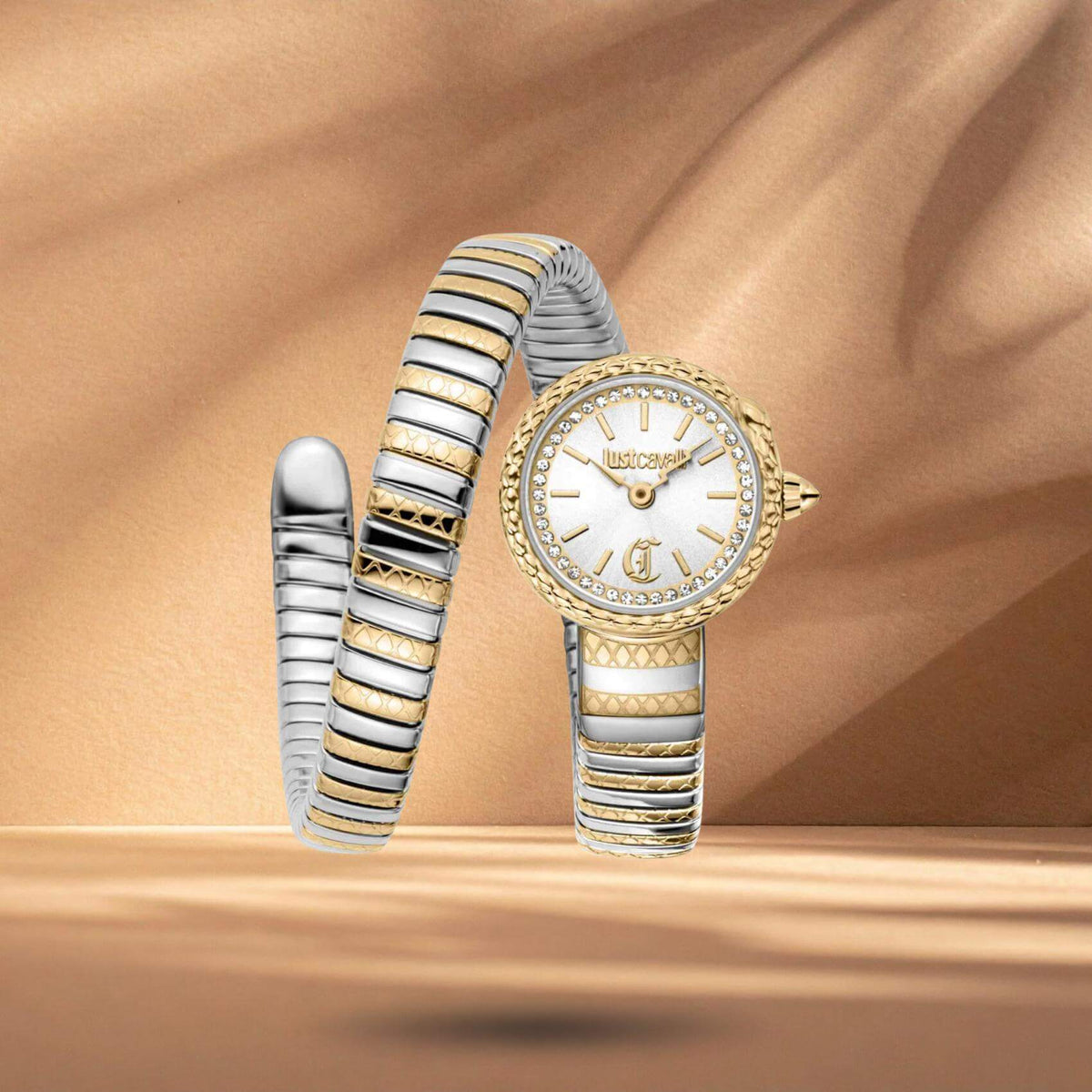 Just Cavalli JC1L351M0055 γυναικείο ρολόι με δίχρωμο ατσάλινο μπρασελέ σε ασημί-χρυσό χρώμα, ασημί καντράν διαμέτρου 22mm, ζιργκόν και χρυσή στεφάνη με φίδι.