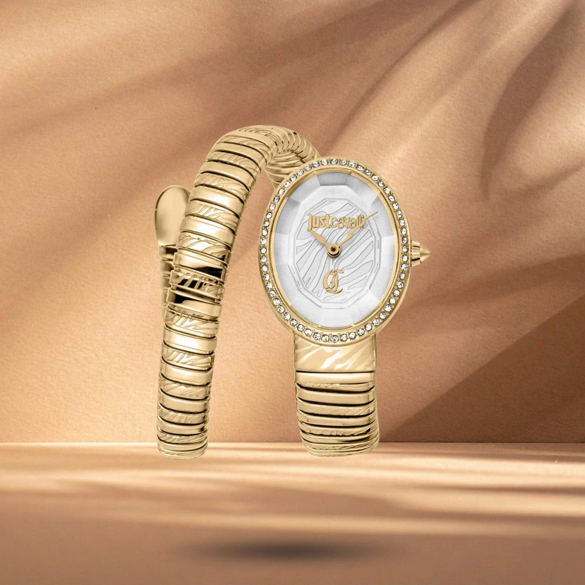 Just Cavalli JC1L353M0025 γυναικείο ρολόι με χρυσό ατσάλινο μπρασελέ, ασημί οβάλ καντράν μεγέθους 22x31.5mm και χρυσή στεφάνη με λαμπερά ζιργκόν.