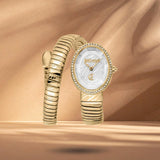 Just Cavalli JC1L353M0025 γυναικείο ρολόι με χρυσό ατσάλινο μπρασελέ, ασημί οβάλ καντράν μεγέθους 22x31.5mm και χρυσή στεφάνη με λαμπερά ζιργκόν.