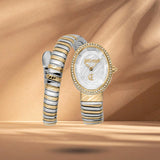 Just Cavalli JC1L353M0055 γυναικείο ρολόι με δίχρωμο ατσάλινο μπρασελέ σε ασημί-χρυσό χρώμα, ασημί οβάλ καντράν μεγέθους 22x31.5mm και χρυσή στεφάνη με λαμπερά ζιργκόν.