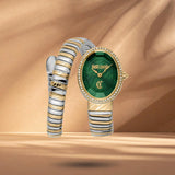 Just Cavalli JC1L353M0065 γυναικείο ρολόι με δίχρωμο ατσάλινο μπρασελέ σε ασημί-χρυσό χρώμα, πράσινο οβάλ καντράν μεγέθους 22x31.5mm και χρυσή στεφάνη με λαμπερά ζιργκόν.