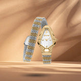 Just Cavalli JC1L426M0055 γυναικείο ρολόι με δίχρωμο ατσάλινο μπρασελέ σε ασημί-χρυσό χρώμα, ασημί εξάγωνο καντράν μεγέθους 21x32.5mm και λαμπερά ζιργκόν.