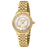 Γυναικείο ρολόι Just Cavalli Snake JC1L275M0045 με χρυσό ατσάλινο μπρασελέ και άσπρο καντράν διαμέτρου 30mm διακοσμημένο με φίδια και λαμπερά ζιργκόν.