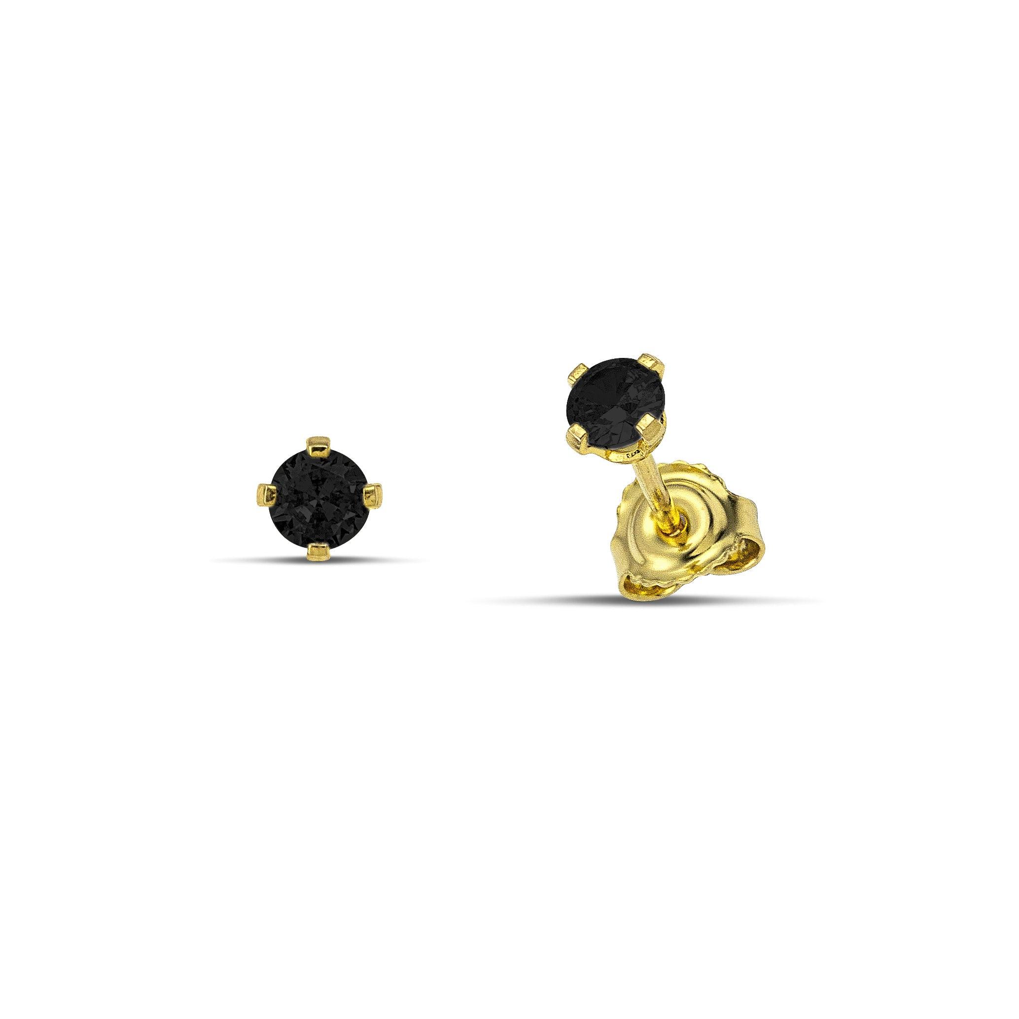Καρφωτά σκουλαρίκια μονόπετρα από κίτρινο χρυσό 14 καρατίων με ζιργκόν μαύρου χρώματος.