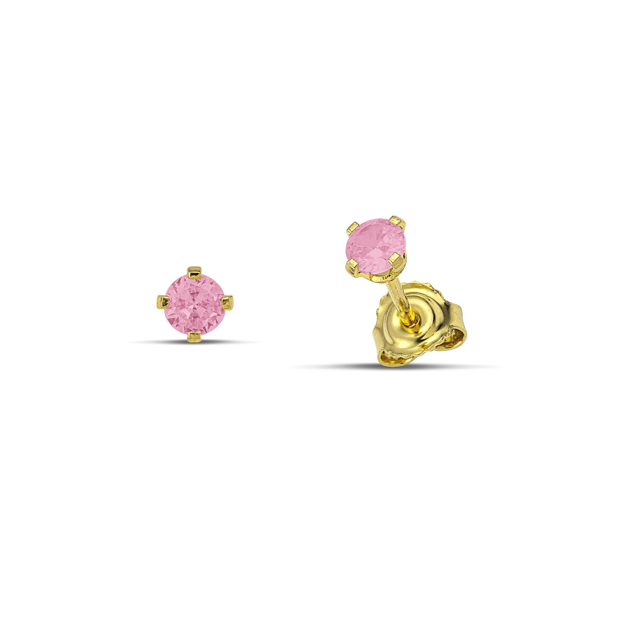 Καρφωτά σκουλαρίκια μονόπετρα από κίτρινο χρυσό 14 καρατίων με ζιργκόν ροζ χρώματος.