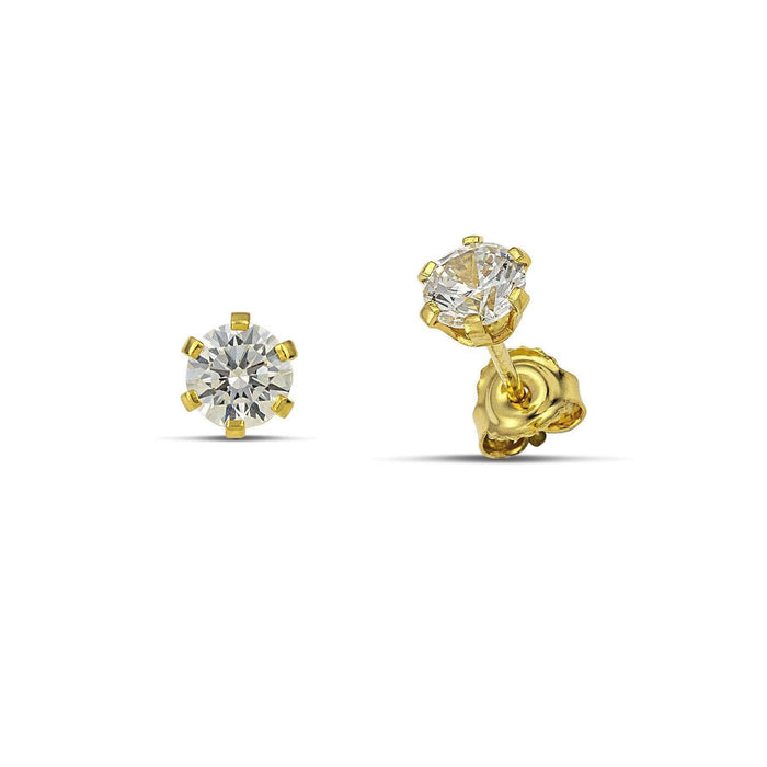 Καρφωτά σκουλαρίκια μονόπετρα από κίτρινο χρυσό 14 καρατίων με ζιργκόν σε λευκό χρώμα.