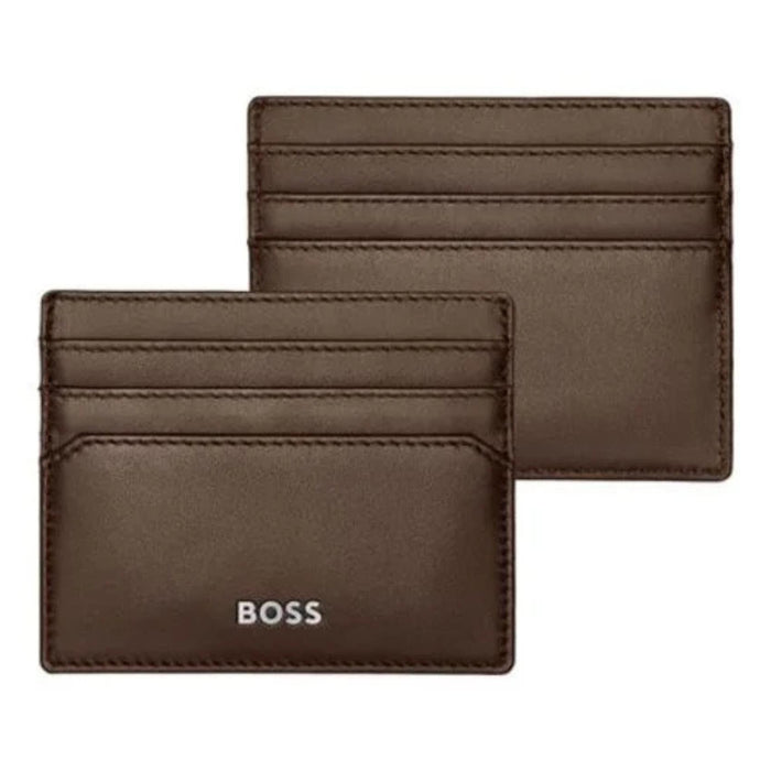 Καφέ δερμάτινη ανδρική καρτοθήκη Hugo Boss HLC403Y Classic Smooth με κομψή υφή και minimal σχεδίαση.