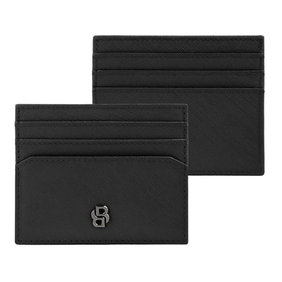 Καρτοθήκη Hugo Boss Double B Saffiano HLC526A σε μαύρο χρώμα από δέρμα και στις δύο όψεις.