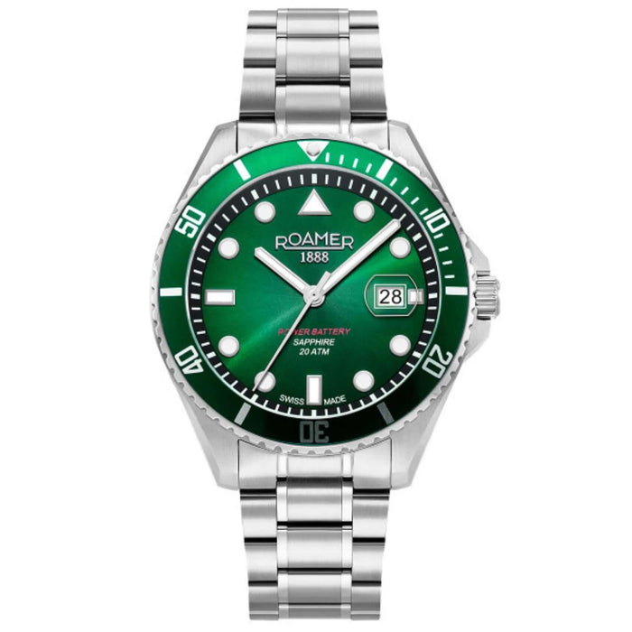 Καταδυτικό ρολόι Roamer Pro Diver 200 969845-41-75-20 με ασημί ατσάλινο μπρασελέ και πράσινο καντράν διαμέτρου 43mm.