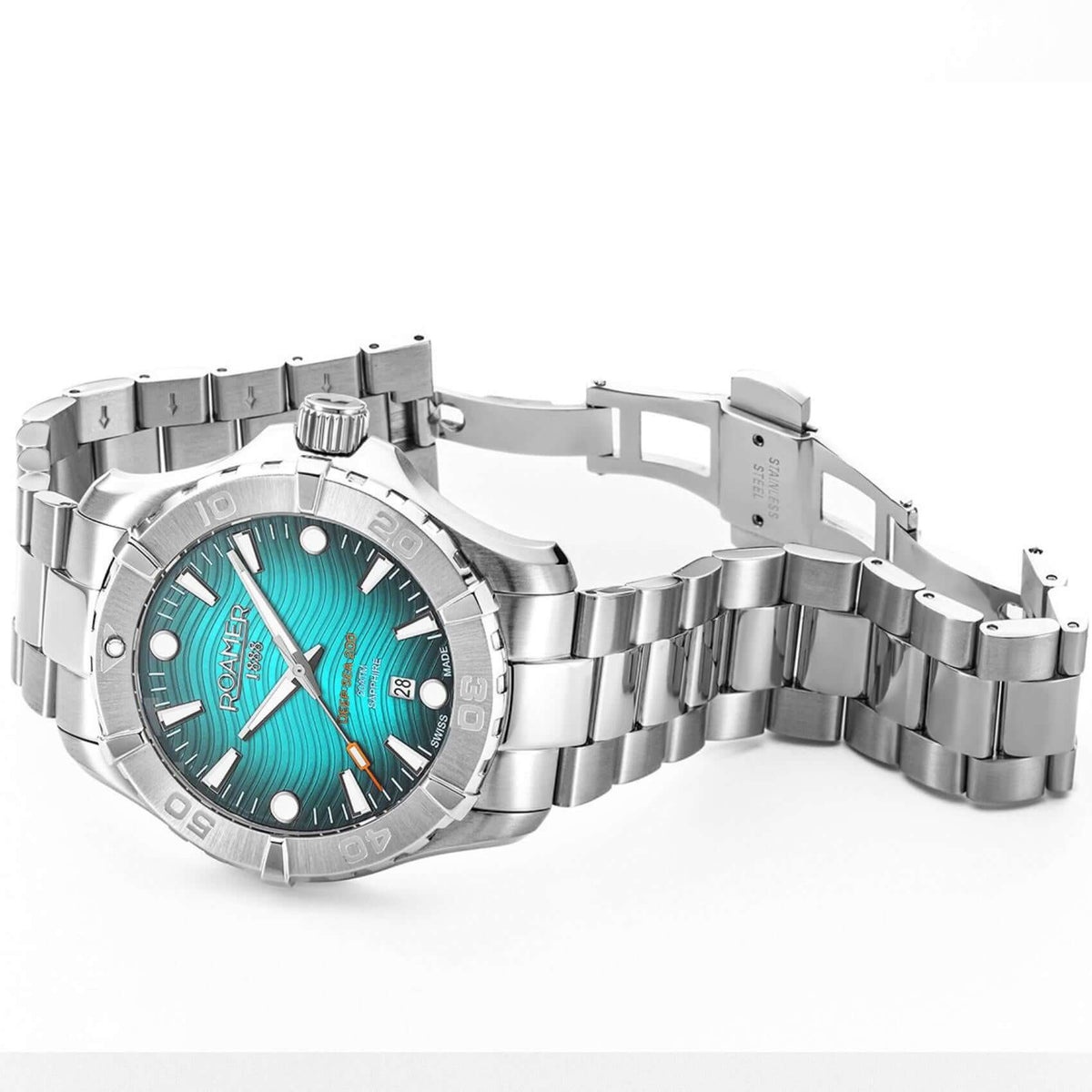 Καταδυτικό ρολόι Roamer Deep Sea 200 860833-41-05-70 με ασημί ατσάλινο μπρασελέ & τιρκουάζ καντράν 43mm.