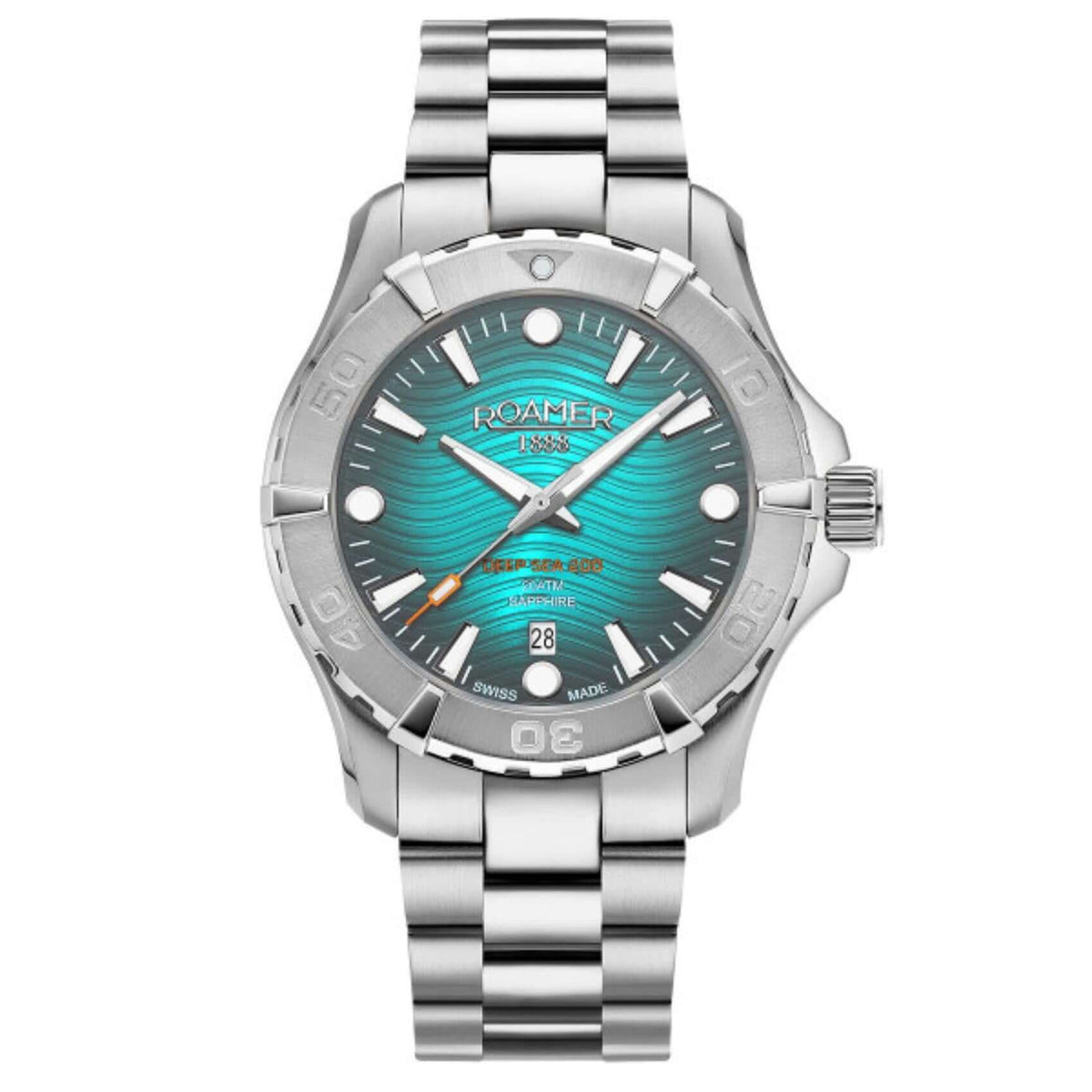 Καταδυτικό ρολόι Roamer Deep Sea 200 860833-41-05-70 με ασημί ατσάλινο μπρασελέ και τιρκουάζ καντράν διαμέτρου 43mm.