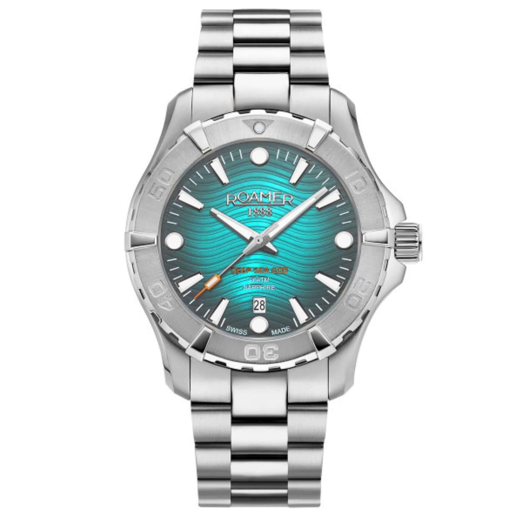 Καταδυτικό ρολόι Roamer Deep Sea 200 860833-41-05-70 με ασημί ατσάλινο μπρασελέ και τιρκουάζ καντράν διαμέτρου 43mm.