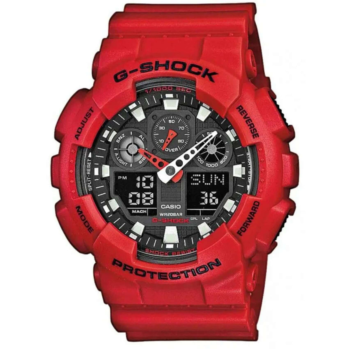 Καταδυτικό ανδρικό ρολόι Casio G-Shock GA-100B-4AER με κόκκινο καουτσούκ λουράκι και μαύρο καντράν με λευκές λεπτομέρειες 55 mm.