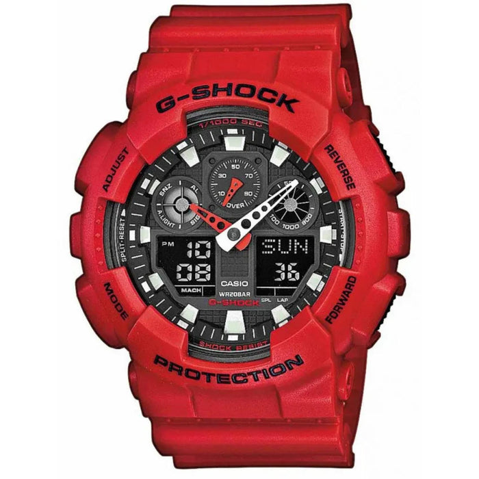Καταδυτικό ανδρικό ρολόι Casio G-Shock GA-100B-4AER με κόκκινο καουτσούκ λουράκι και μαύρο καντράν με λευκές λεπτομέρειες 55 mm.