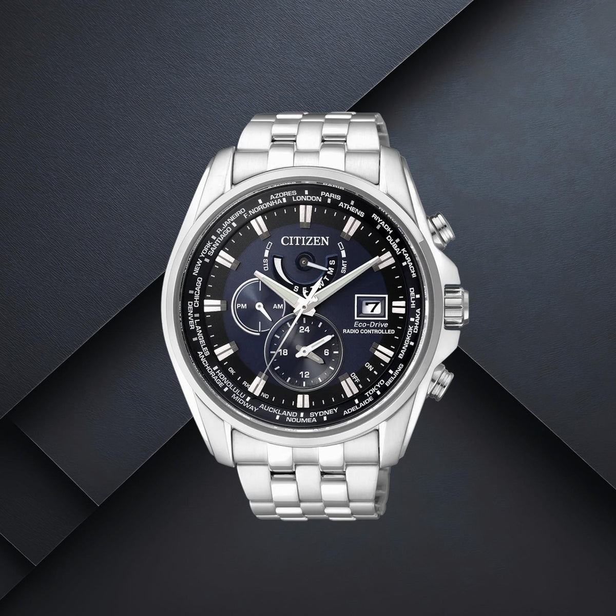 Καταδυτικό ανδρικό ρολόι Citizen AT9030-55L με ασημί μπρασελέ, μπλε καντράν 44mm, ενδείξεις ημέρας και ημερομηνίας