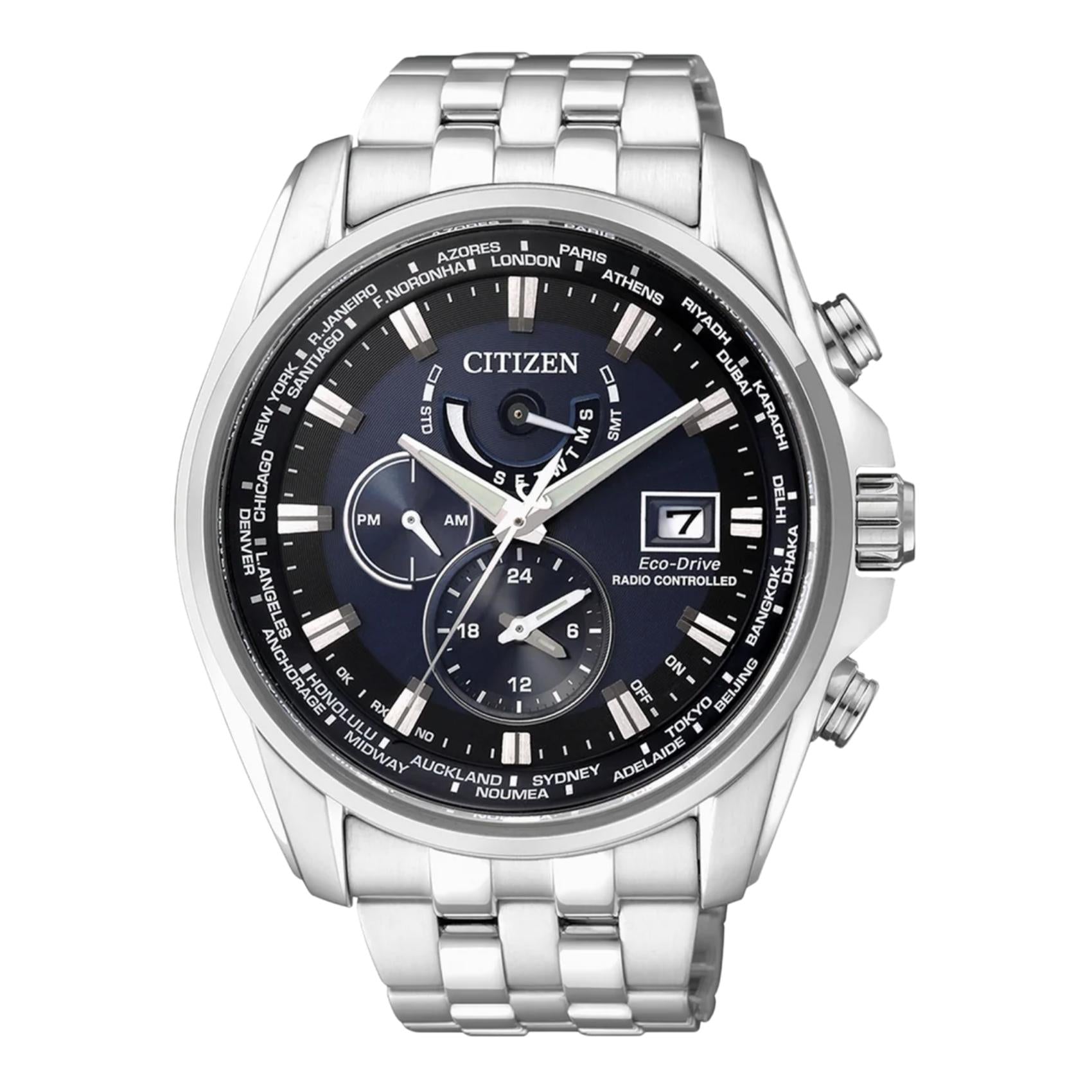 Καταδυτικό ανδρικό ρολόι Citizen AT9030-55L με ασημί μπρασελέ και μπλε καντράν