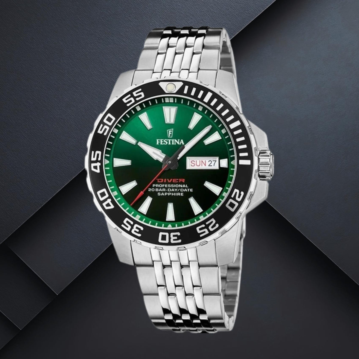 Καταδυτικό Ρολόι Festina F20661/2 Με Ασημί Μπρασελέ & Πράσινο Καντράν