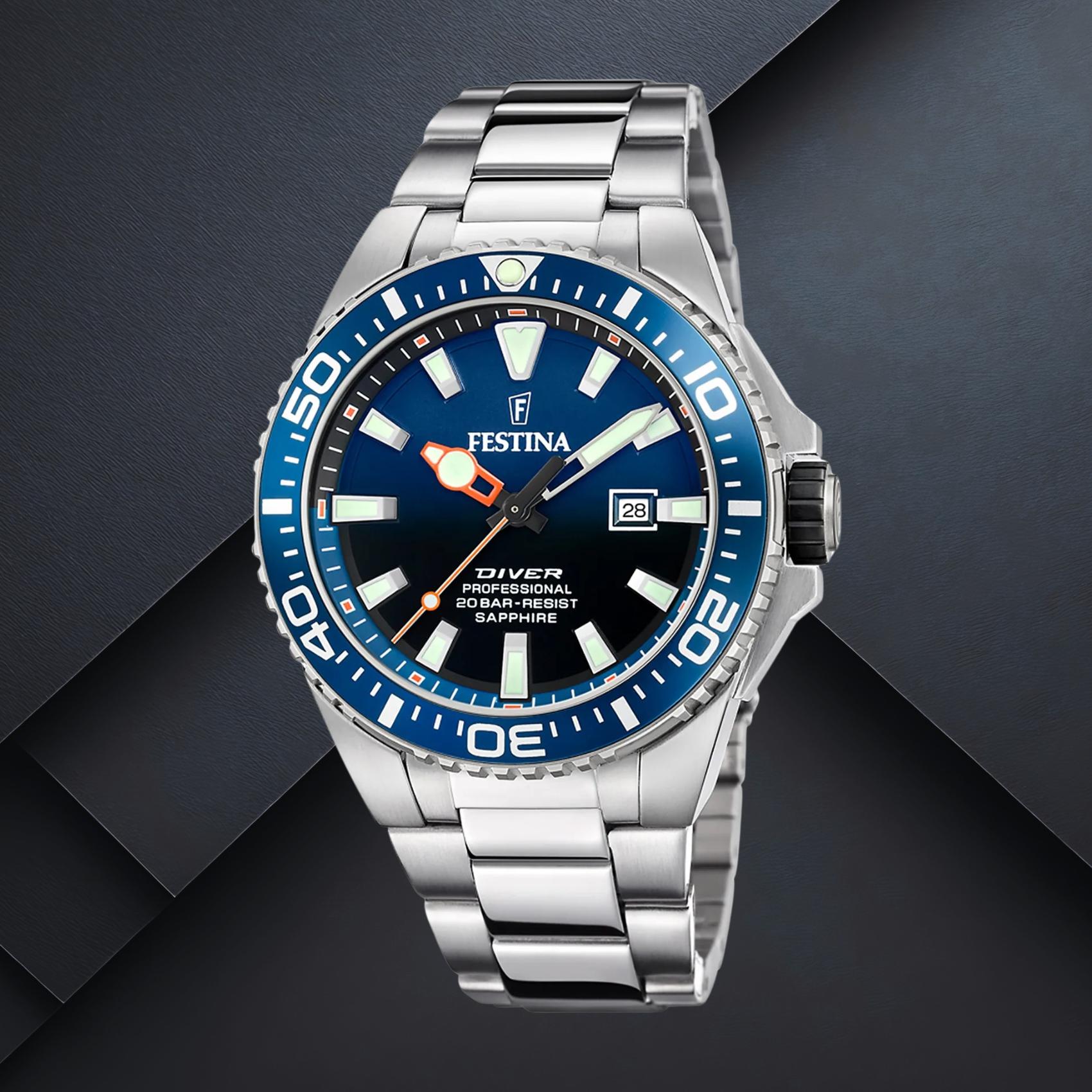 Καταδυτικό ανδρικό ρολόι Festina F20663/1 με ασημί μπρασελέ, μπλε καντράν 46mm, ένδειξη ημερομηνίας