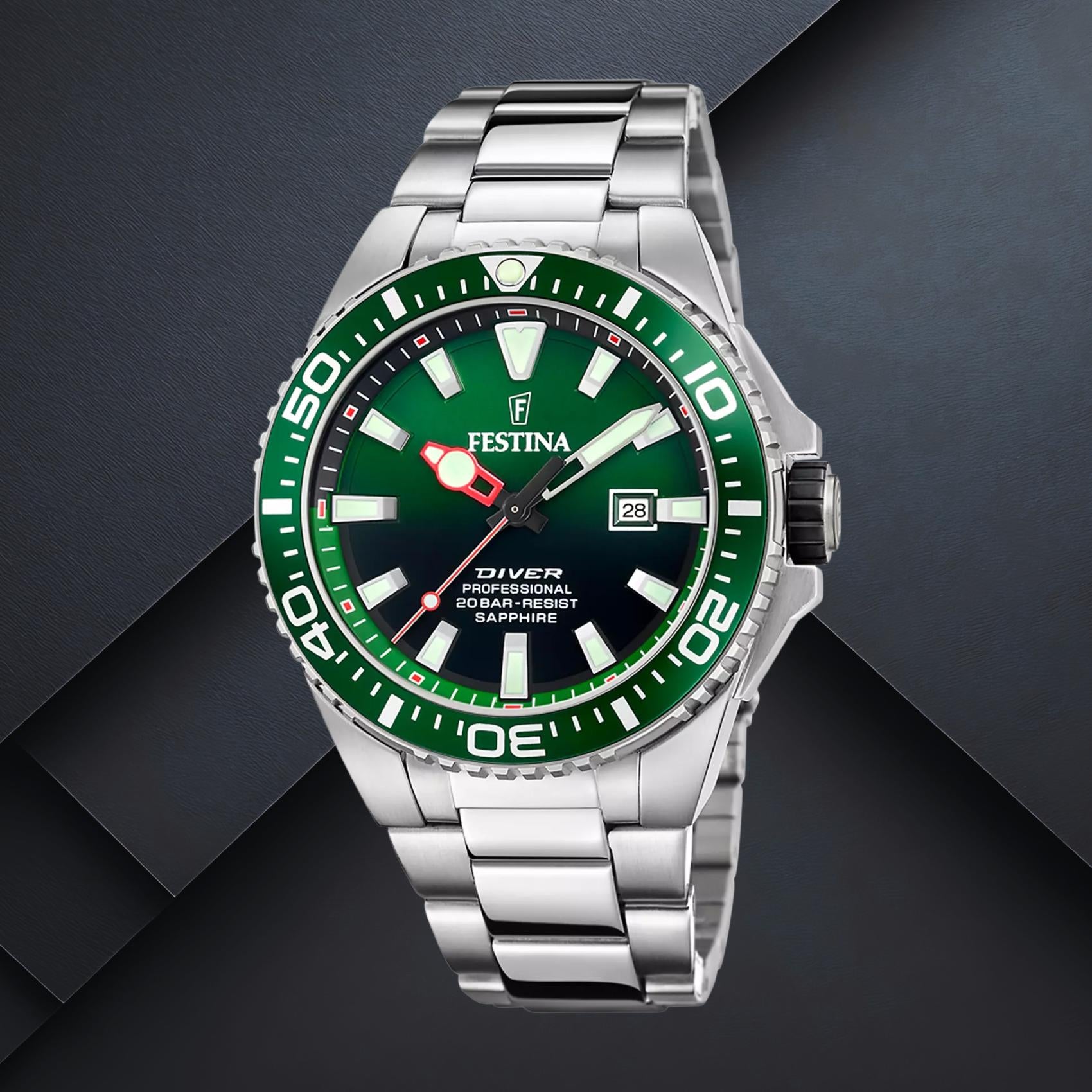 Καταδυτικό ανδρικό ρολόι Festina F20663/2 με ασημί μπρασελέ, πράσινο καντράν 45.7mm, ένδειξη ημερομηνίας