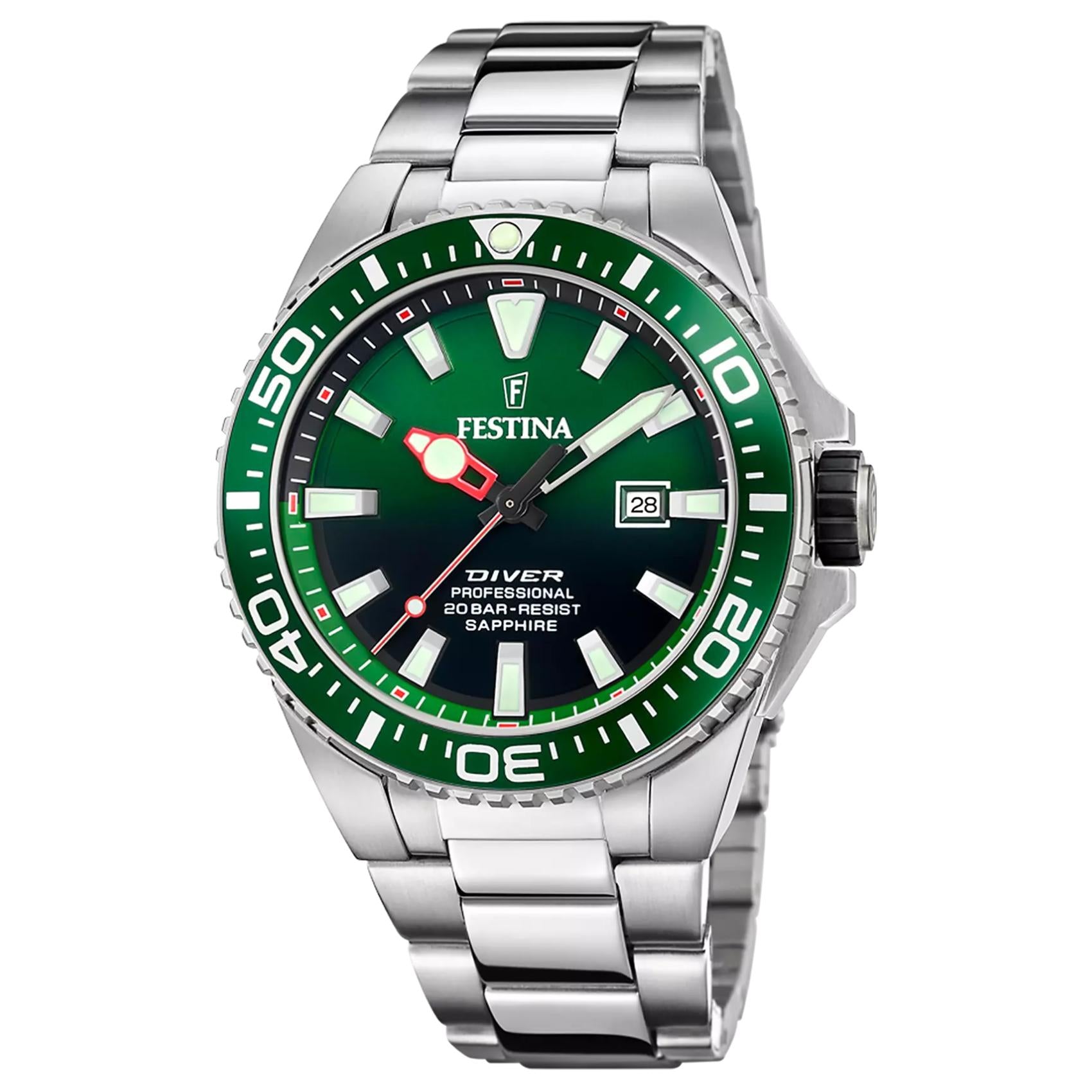 Καταδυτικό ανδρικό ρολόι Festina F20663/2 με ασημί μπρασελέ και πράσινο καντράν