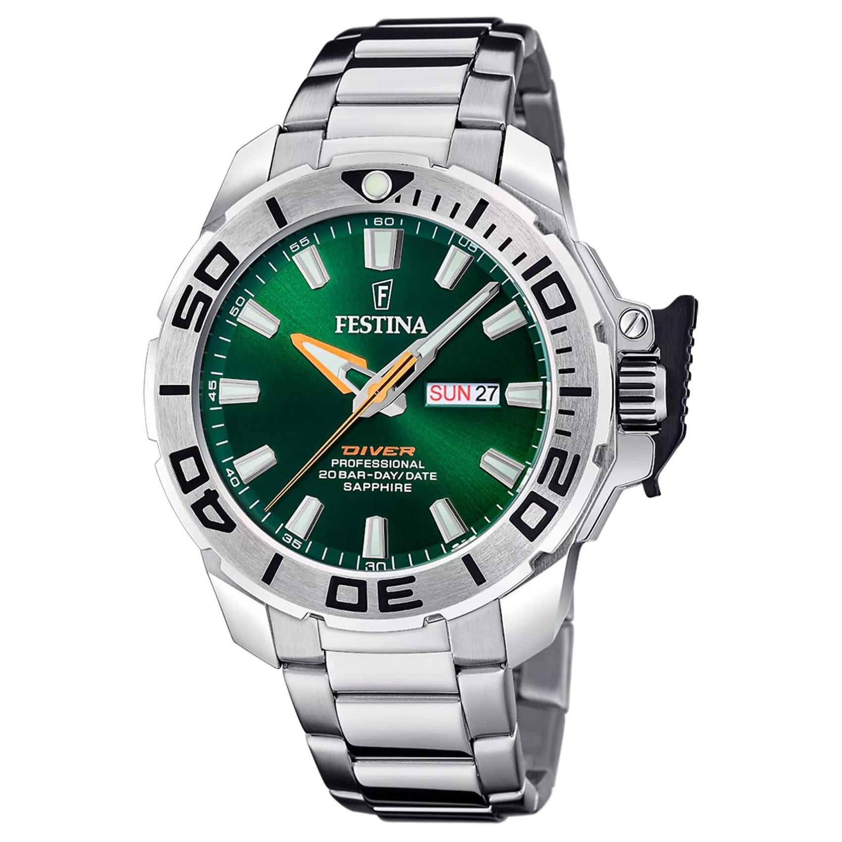 Καταδυτικό ανδρικό ρολόι Festina The Originals F20665/2 με ασημί μπρασελέ και πράσινο καντράν