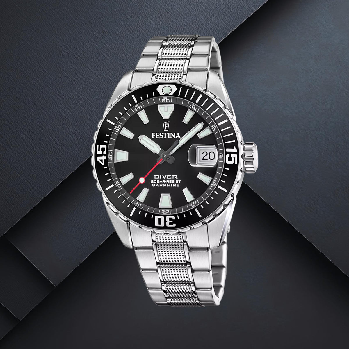 Καταδυτικό ανδρικό ρολόι Festina The Originals F20669/3 με ασημί μπρασελέ, μαύρο καντράν 41mm, ένδειξη ημερομηνίας