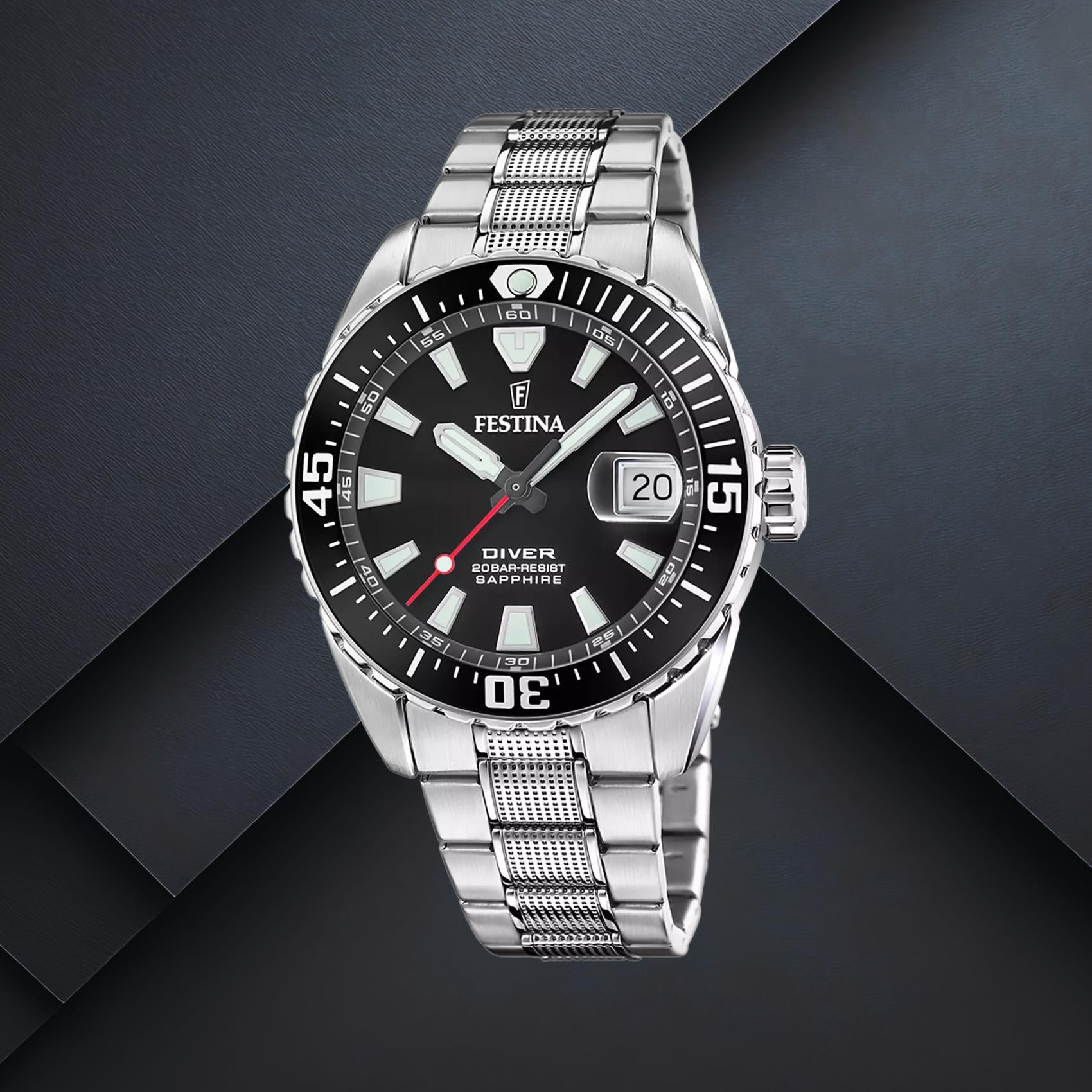 Καταδυτικό ανδρικό ρολόι Festina The Originals F20669/3 με ασημί μπρασελέ, μαύρο καντράν 41mm, ένδειξη ημερομηνίας