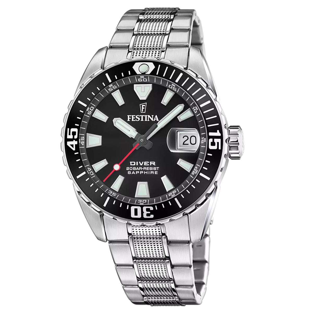 Καταδυτικό ανδρικό ρολόι Festina The Originals F20669/3 με ασημί μπρασελέ και μαύρο καντράν