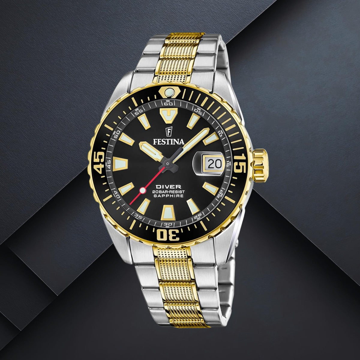 Καταδυτικό ανδρικό ρολόι Festina The Originals F20706/3 με ασημί-χρυσό μπρασελέ, μαύρο καντράν 41mm, ένδειξη ημερομηνίας