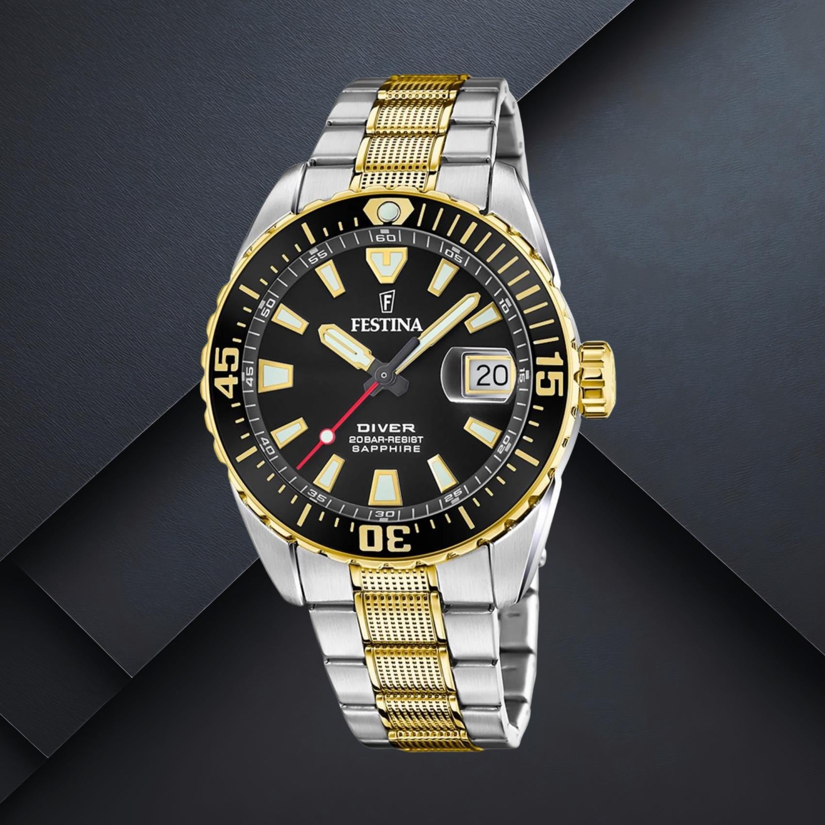 Καταδυτικό ανδρικό ρολόι Festina The Originals F20706/3 με ασημί-χρυσό μπρασελέ, μαύρο καντράν 41mm, ένδειξη ημερομηνίας