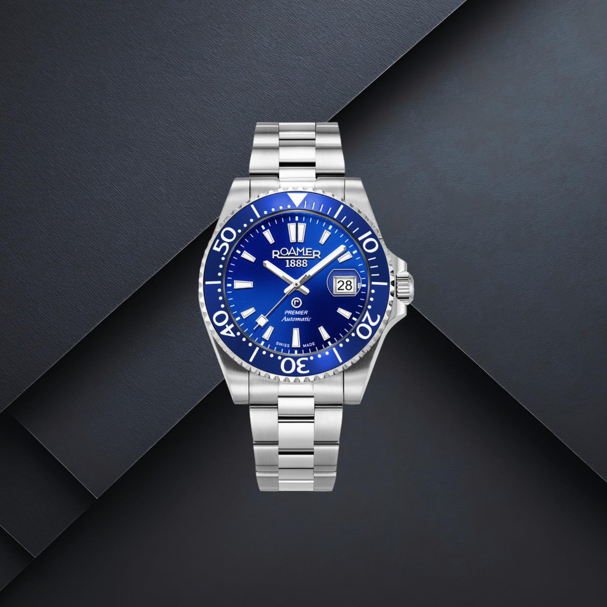 Καταδυτικό ανδρικό ρολόι Roamer Premier 986983-41-45-21 με ασημί μπρασελέ, μπλε καντράν 42mm, ένδειξη ημερομηνίας