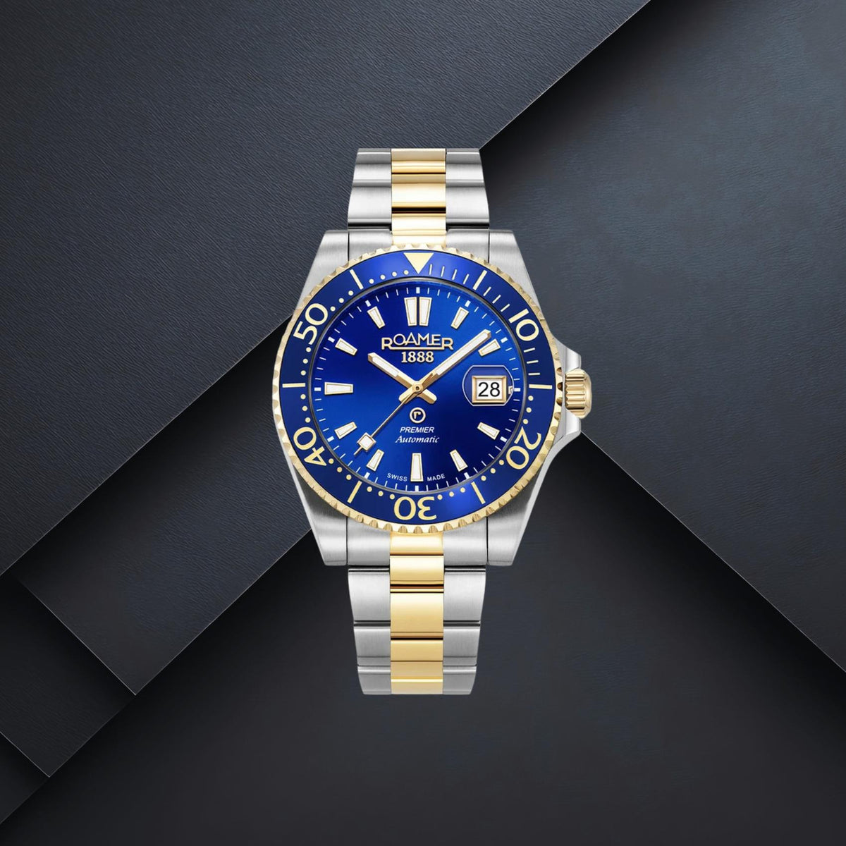 Καταδυτικό ανδρικό ρολόι Roamer Premier 986983-47-45-20 με ασημί-χρυσό μπρασελέ, μπλε καντράν 42mm, ένδειξη ημερομηνίας