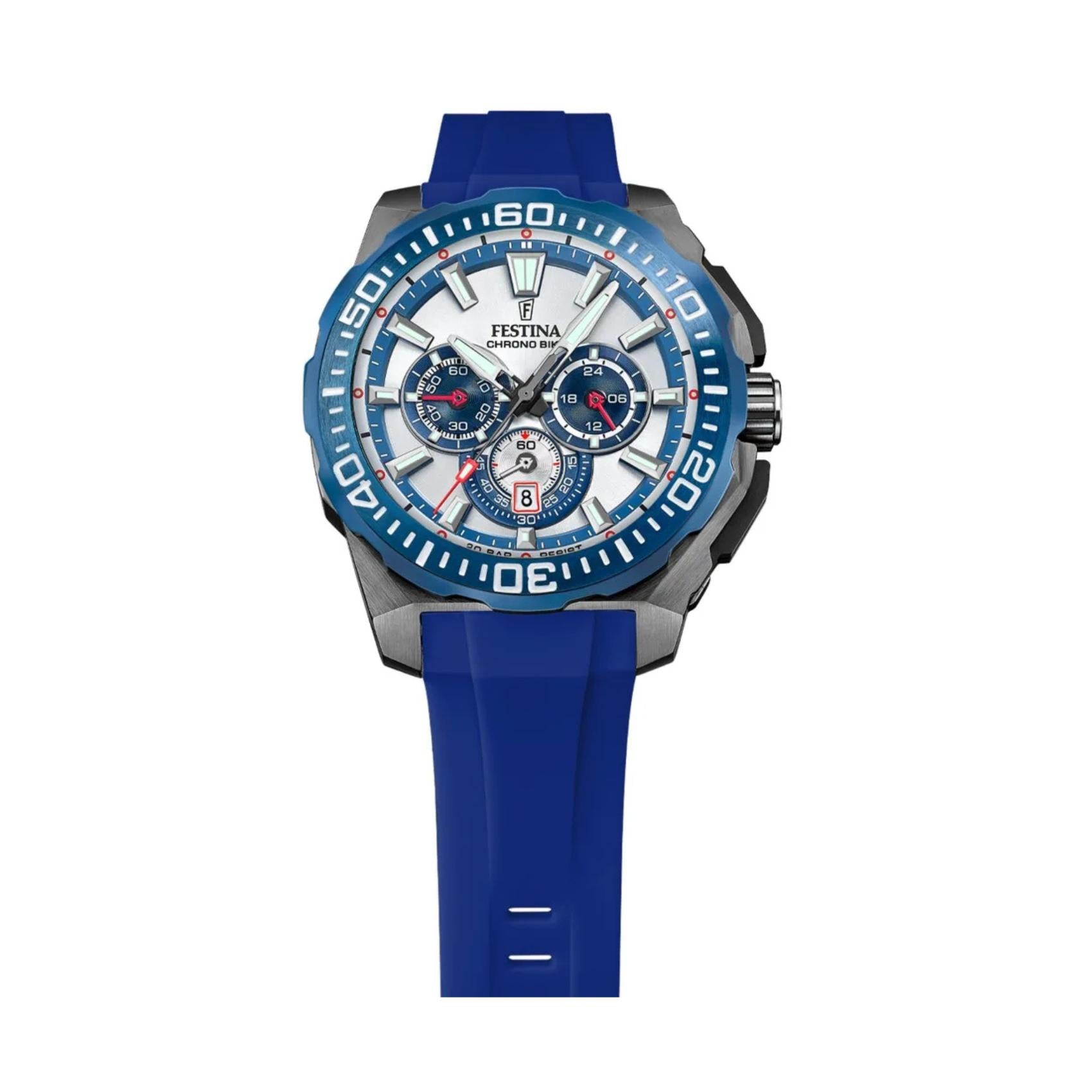 Μπλε καντράν ρολογιού Festina F20755/4 διαμέτρου 46mm με ένδειξη ημερομηνίας και χρονογράφο