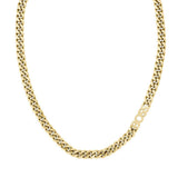 Λεπτομέρεια στο ανδρικό κολιέ Boss 1580770 σε χρυσό χρώμα, με φωτογραφία στο iconic λογότυπο και στους κρίκους της curb αλυσίδας 8mm από ανοξείδωτο ατσάλι.