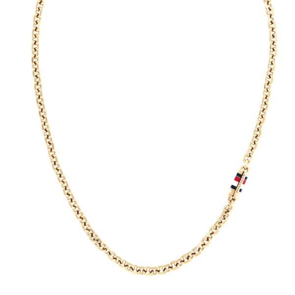 Ανδρικό κολιέ Tommy Hilfiger 2790651 από ανοξείδωτο ατσάλι σε χρυσό χρώμα, με πλεχτή αλυσίδα μήκους 56cm, σε καθαρή λήψη που αναδεικνύει το κομψό φινίρισμα και το minimal design.