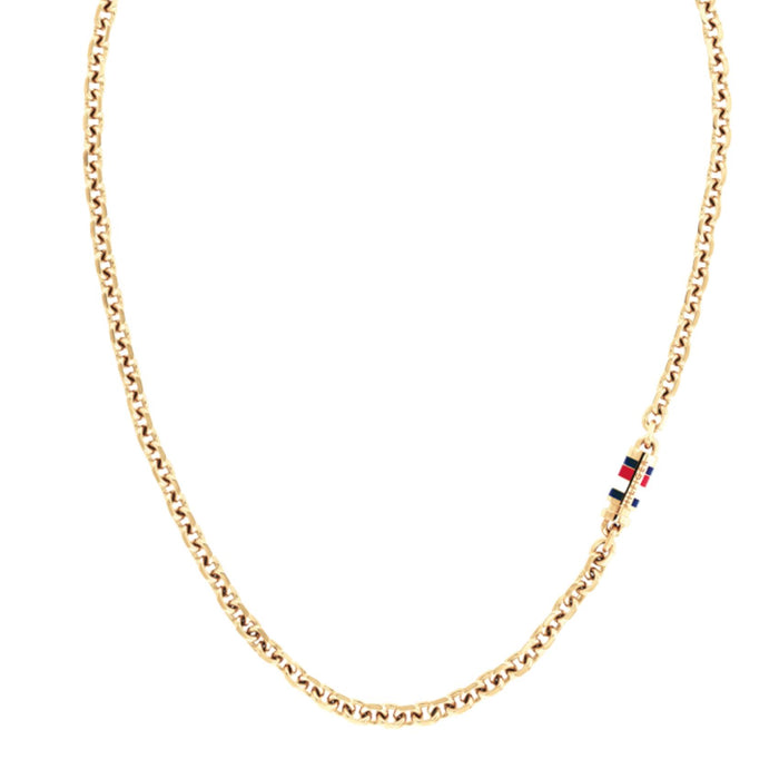 Ανδρικό κολιέ Tommy Hilfiger 2790651 από ανοξείδωτο ατσάλι σε χρυσό χρώμα, με πλεχτή αλυσίδα μήκους 56cm, σε καθαρή λήψη που αναδεικνύει το κομψό φινίρισμα και το minimal design.