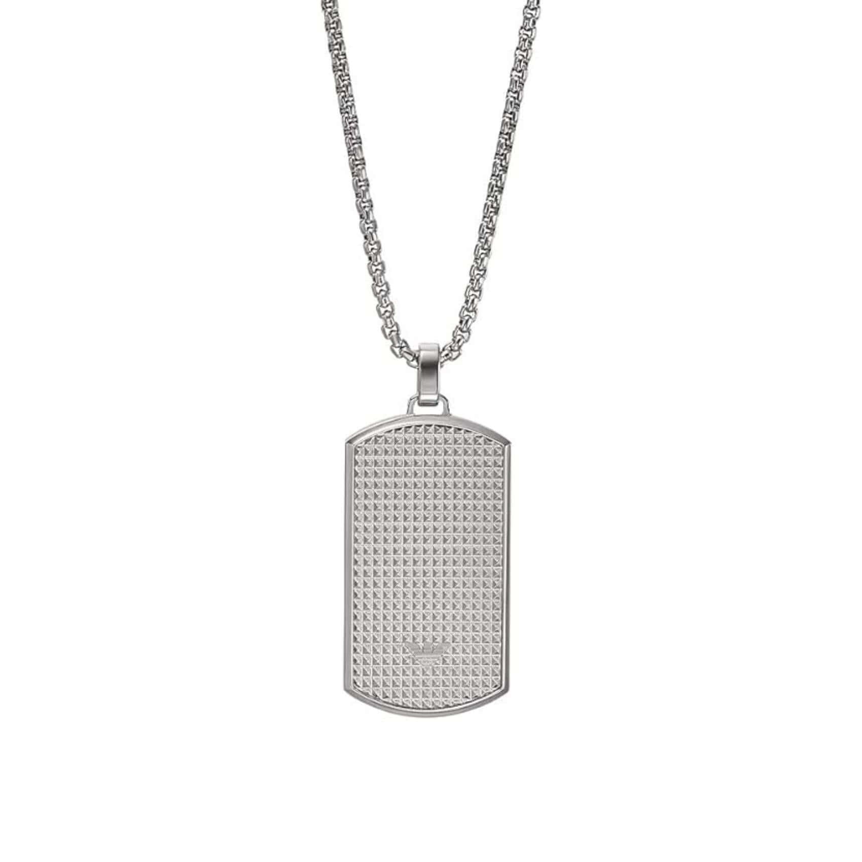 Ανδρικό κολιέ Emporio Armani EGS2986040 με ατσάλινη αλυσίδα σε ασημί χρώμα και κρεμαστό μοτίφ ταυτότητα σε ασημί χρώμα.