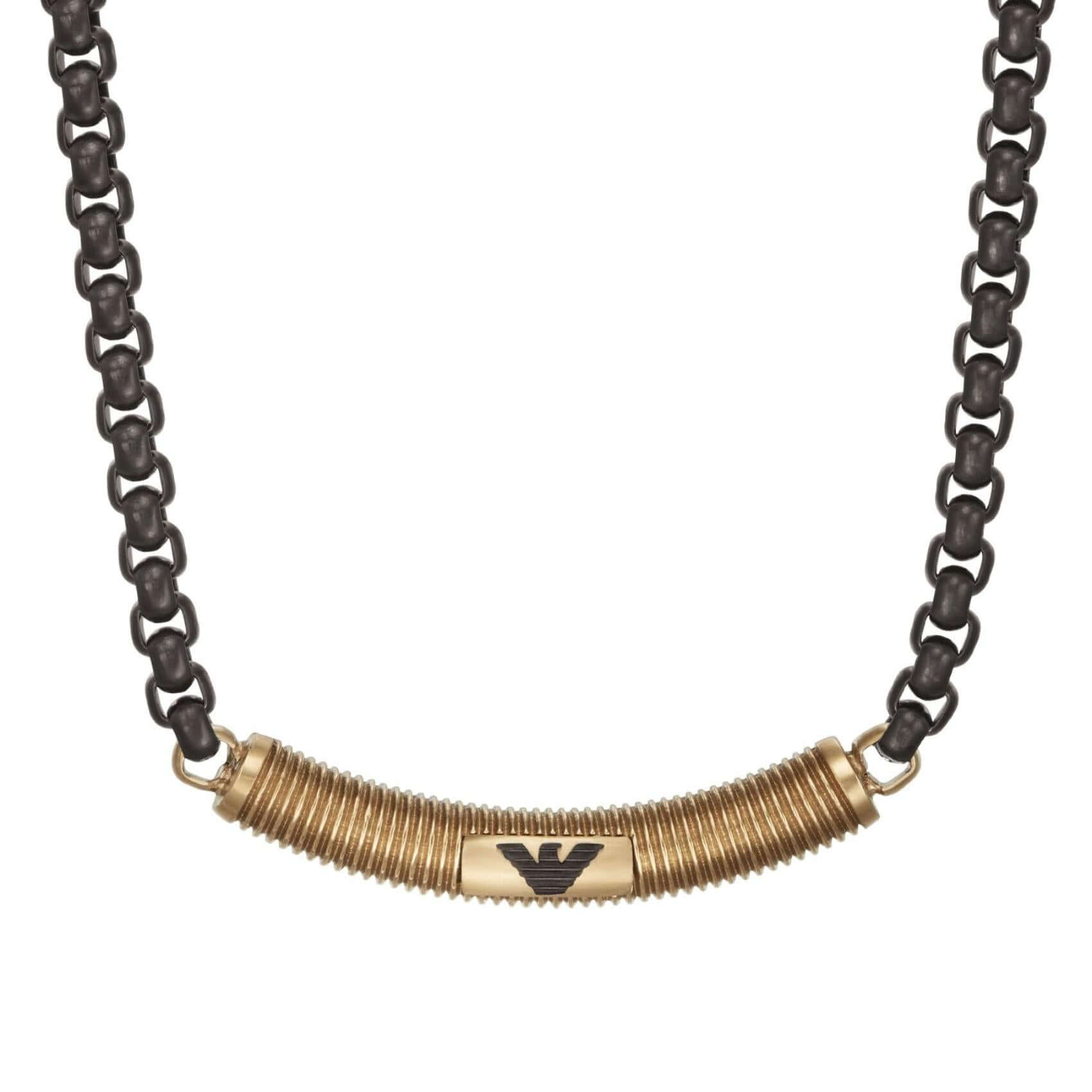 Ανδρικό κολιέ Emporio Armani EGS2925251 με ατσάλινη μαύρη αλυσίδα και ενσωματωμένο στοιχείο σε χρυσό χρώμα.