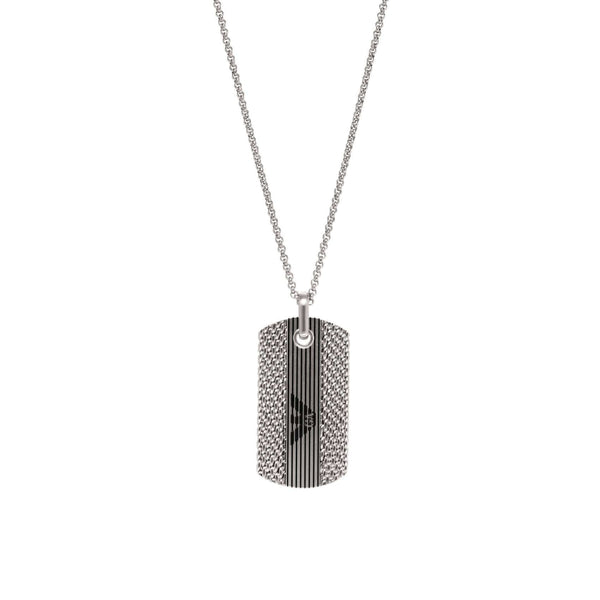 Ανδρικό κολιέ Emporio Armani EGS3149040 με ατσάλινη αλυσίδα σε ασημί χρώμα και κρεμαστό μοτίφ ταυτότητα σε ασημί χρώμα.