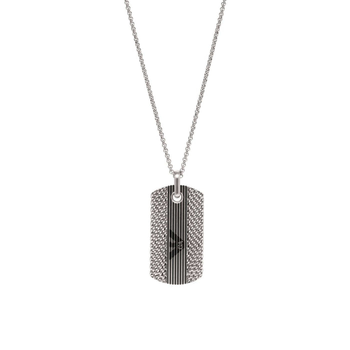 Ανδρικό κολιέ Emporio Armani EGS3149040 με ατσάλινη αλυσίδα σε ασημί χρώμα και κρεμαστό μοτίφ ταυτότητα σε ασημί χρώμα.