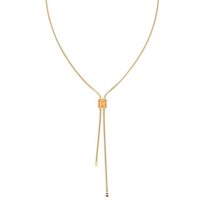 Γυναικείο κολιέ Tommy Hilfiger 2780885 με στοιχείο από πορτοκαλί σμάλτο και ασσύμετρες καταλήξεις, κατασκευασμένο από ανοξείδωτο ατσάλι σε χρυσό χρώμα.