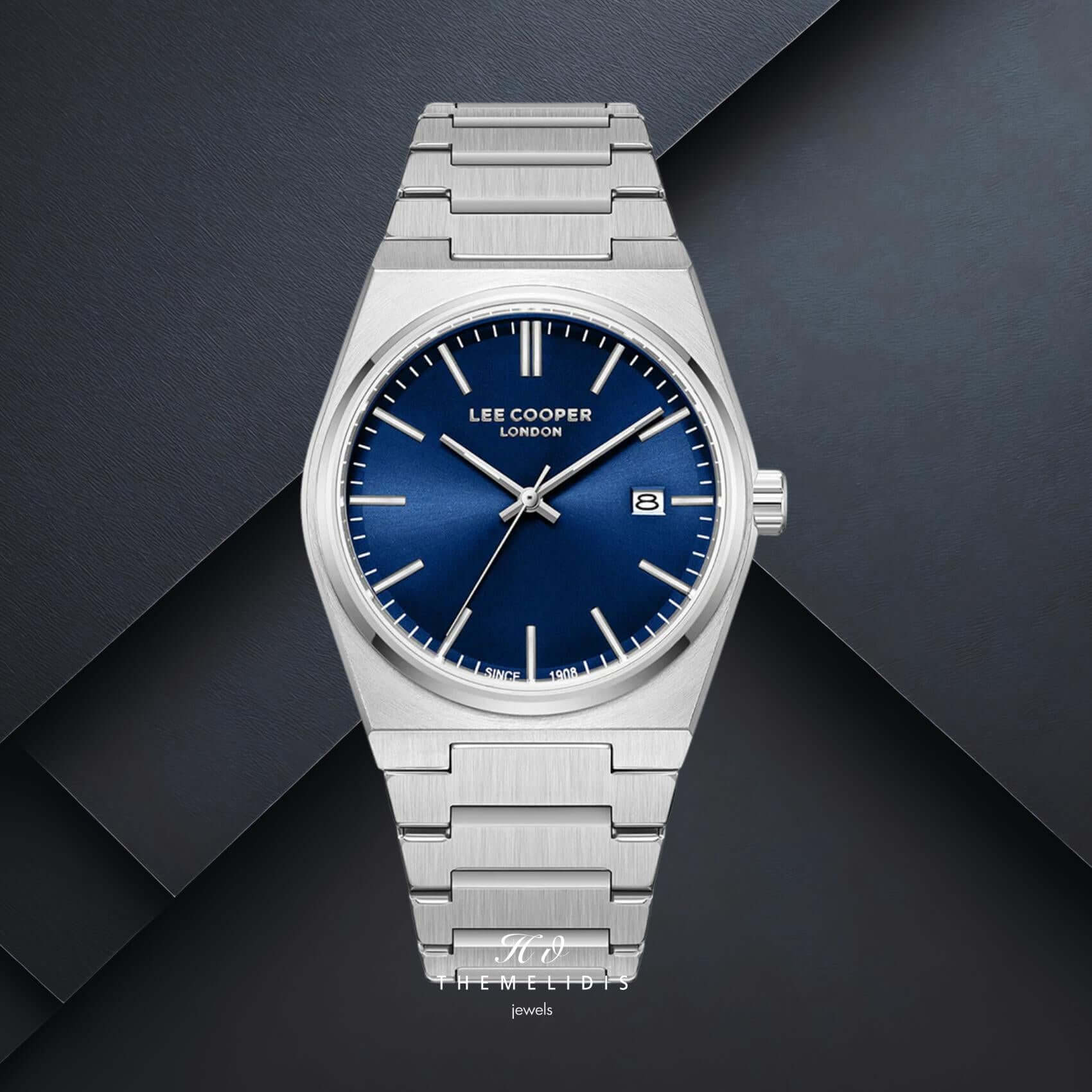Ανδρικό ρολόι Lee Cooper Gents LC08196.390 με μπλε καντράν 40mm, ένδειξη ημερομηνίας και ασημί μπρασελέ.