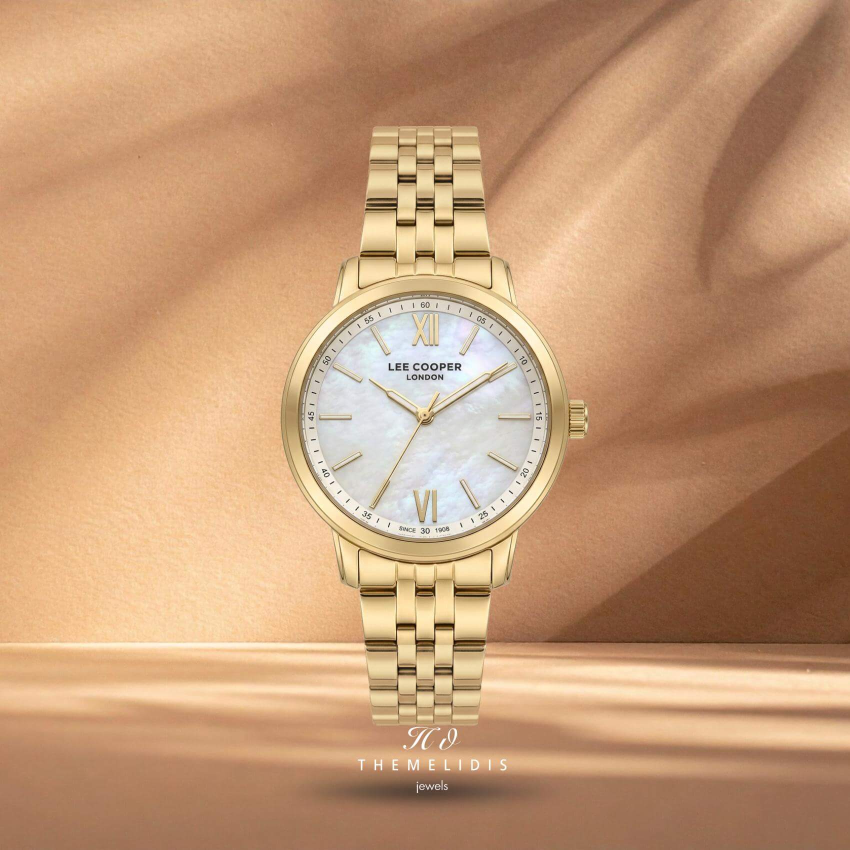 Γυναικείο ρολόι Lee Cooper Ladies LC08371.120 με λευκό φίλντισι καντράν 32mm και χρυσό μπρασελέ.