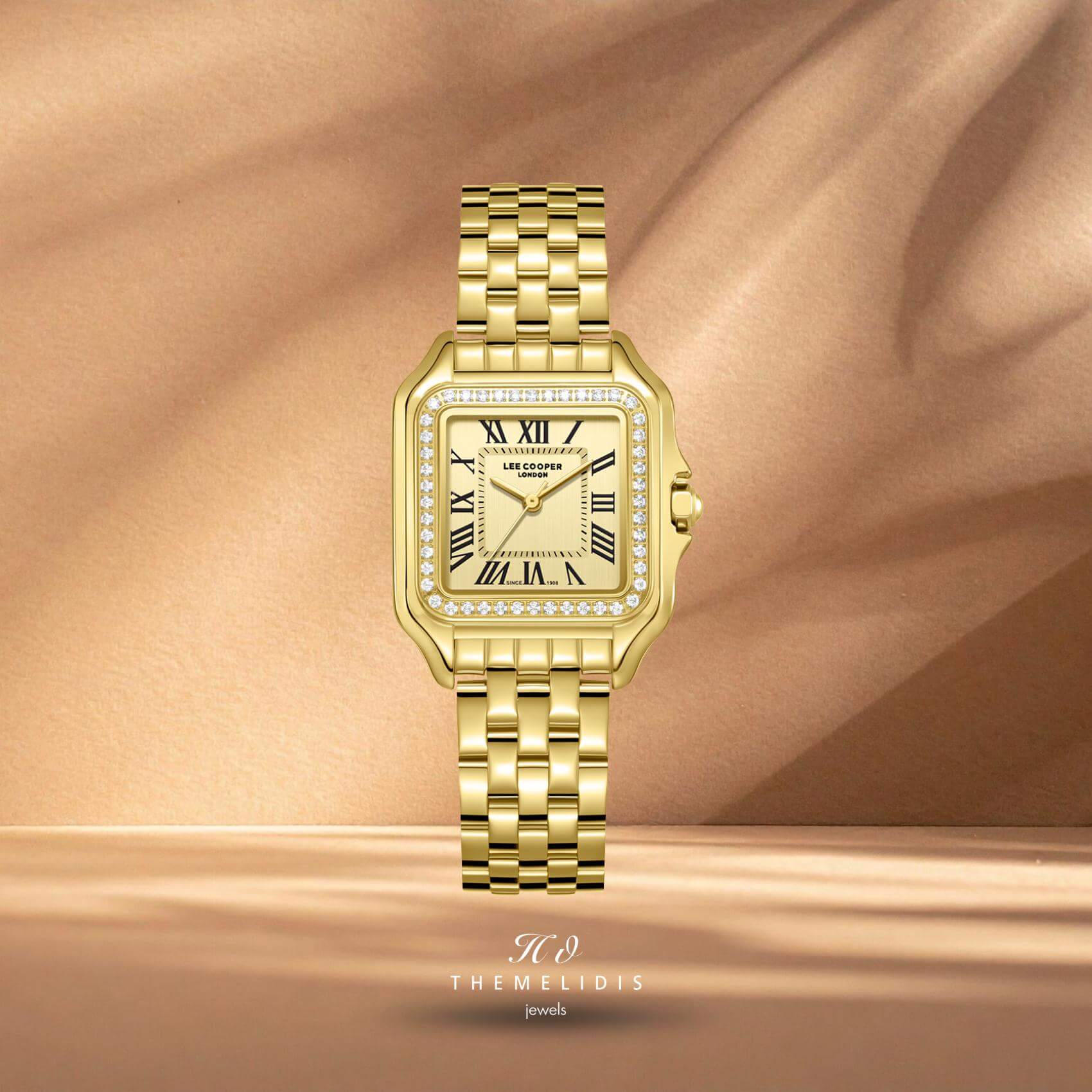 Γυναικείο ρολόι Lee Cooper Ladies LC08398.110 με χρυσό τετράγωνο καντράν 29mm, χρυσούς δείκτες και χρυσό μπρασελέ.