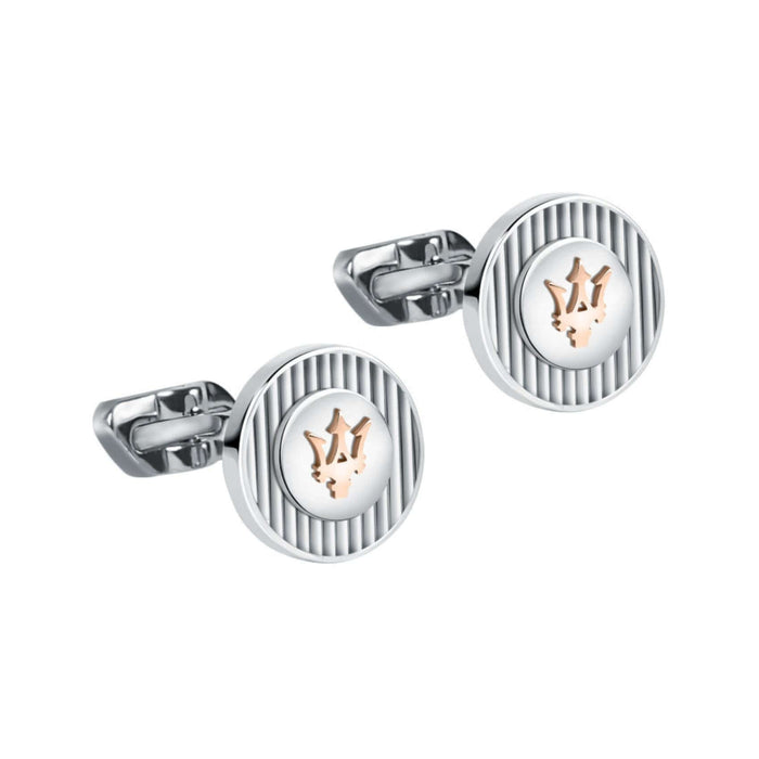 Ανδρικά στρογγυλά μανικετόκουμπα Maserati Ιconic JM121ATK14 σε ασημί χρώμα από ανοξείδωτο ατσάλι με χρυσή τρίαινα-από μπροστά.