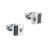 Ανδρικά τετράγωνα μανικετόκουμπα Maserati Ιconic JM422AVD10 σε ασημί-μαύρο χρώμα από ανοξείδωτο ατσάλι με μαύρη τρίαινα.