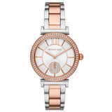 Γυναικείο ρολόι Michael Kors Abbey MK4616 με δίχρωμο ατσάλινο μπρασελέ σε ασημί-ροζ χρυσό χρώμα, στρογγυλό άσπρο φίλντισι καντράν και στεφάνι 36mm με ζιργκόν.