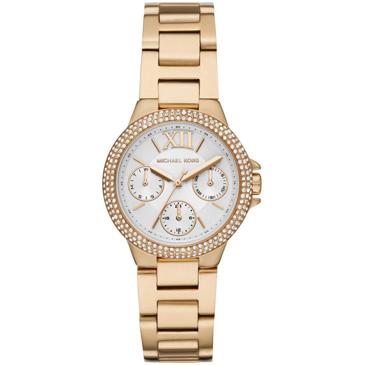 Γυναικείο ρολόι Michael Kors Camille MK6844 με χρυσό ατσάλινο μπρασελέ, στρογγυλό άσπρο καντράν με ημερομηνία-ημέρα και στεφάνι 33mm με ζιργκόν.