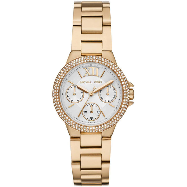 Γυναικείο ρολόι Michael Kors Camille MK6844 με χρυσό ατσάλινο μπρασελέ, στρογγυλό άσπρο καντράν με ημερομηνία-ημέρα και στεφάνι 33mm με ζιργκόν.