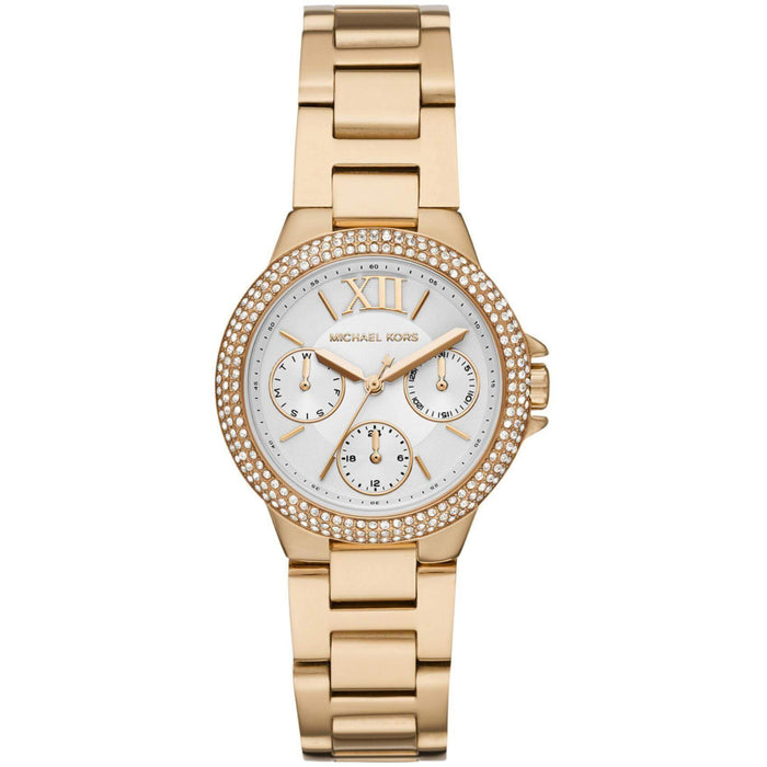 Γυναικείο ρολόι Michael Kors Camille MK6844 με χρυσό ατσάλινο μπρασελέ, στρογγυλό άσπρο καντράν με ημερομηνία-ημέρα και στεφάνι 33mm με ζιργκόν.